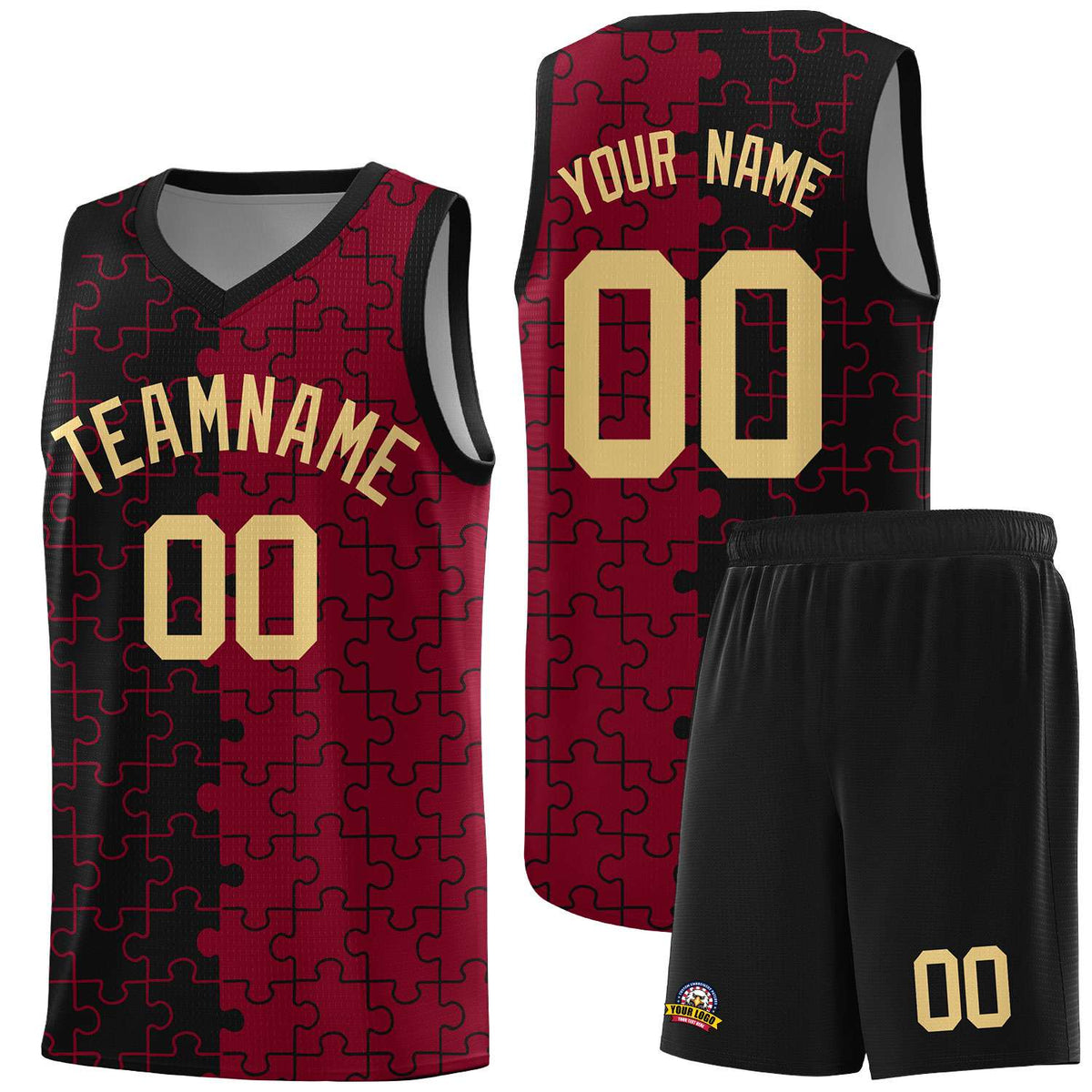Custom Black Crimson Splid Basketball Kits With Puzzle Pattern