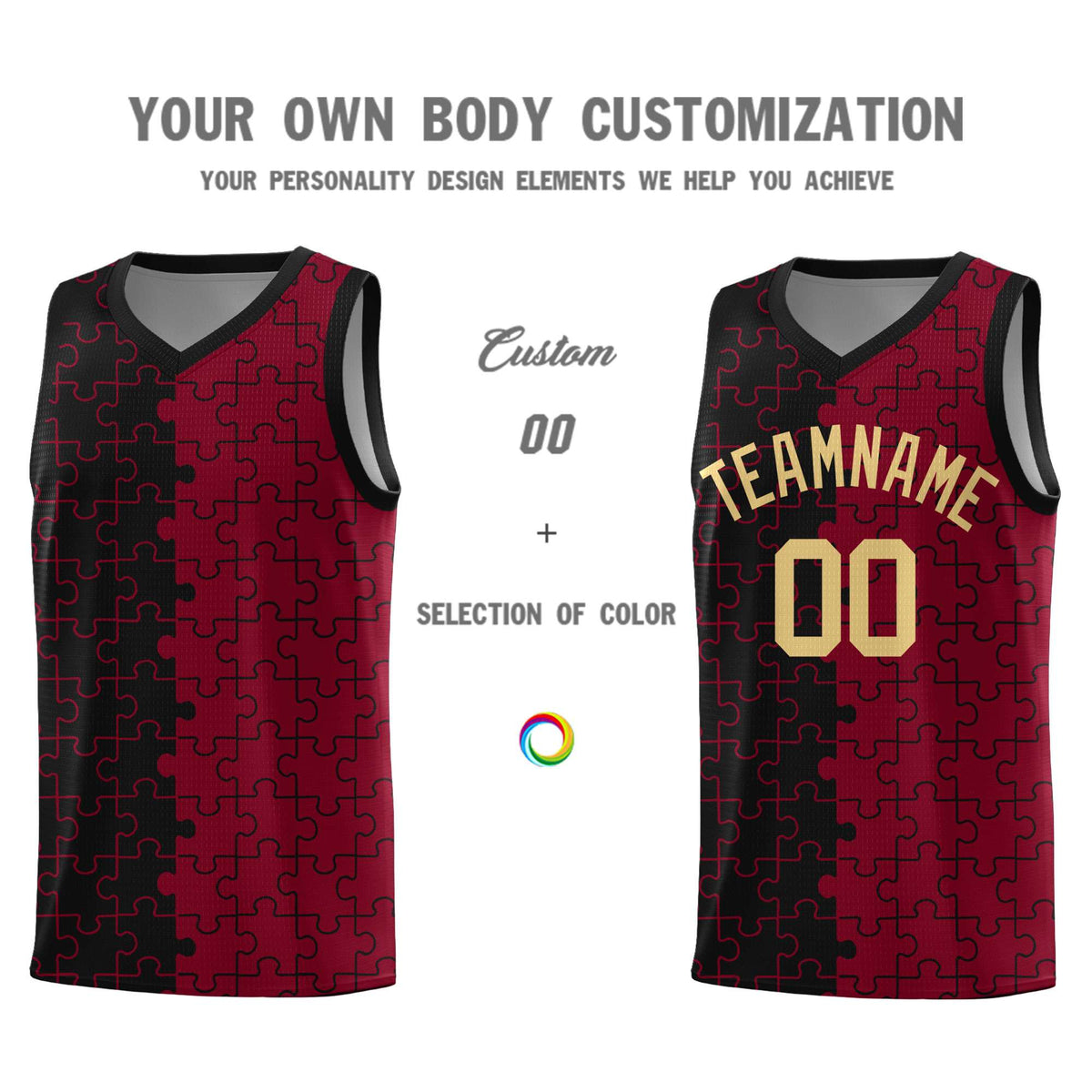 Custom Black Crimson Splid Basketball Kits With Puzzle Pattern