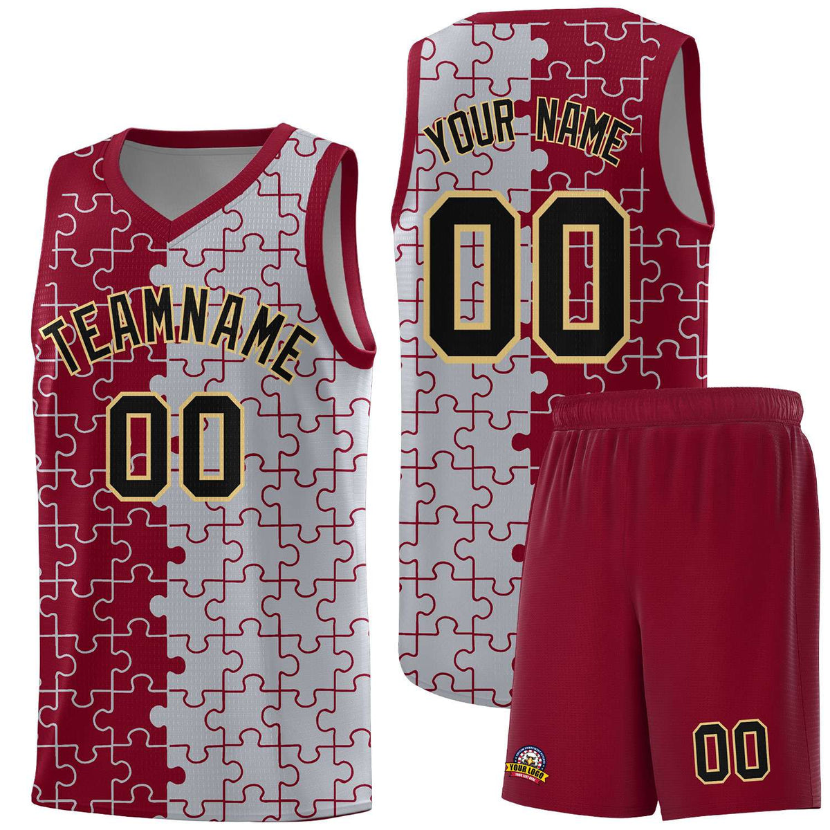 Custom Crimson Gray Splid Basketball Kits With Puzzle Pattern