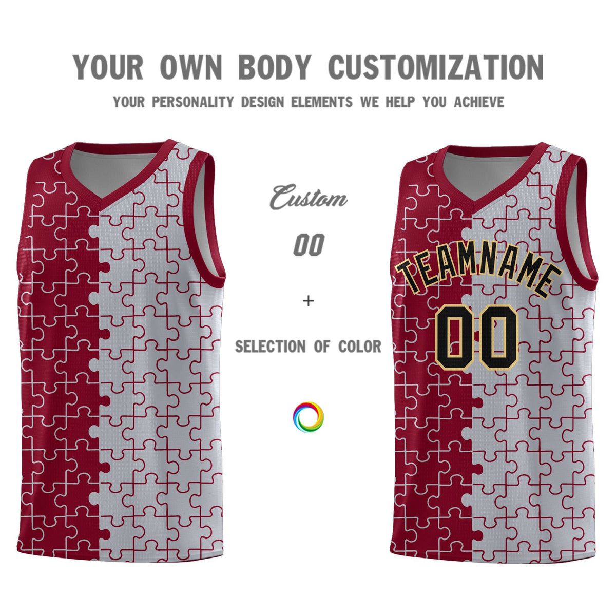 Custom Crimson Gray Splid Basketball Kits With Puzzle Pattern