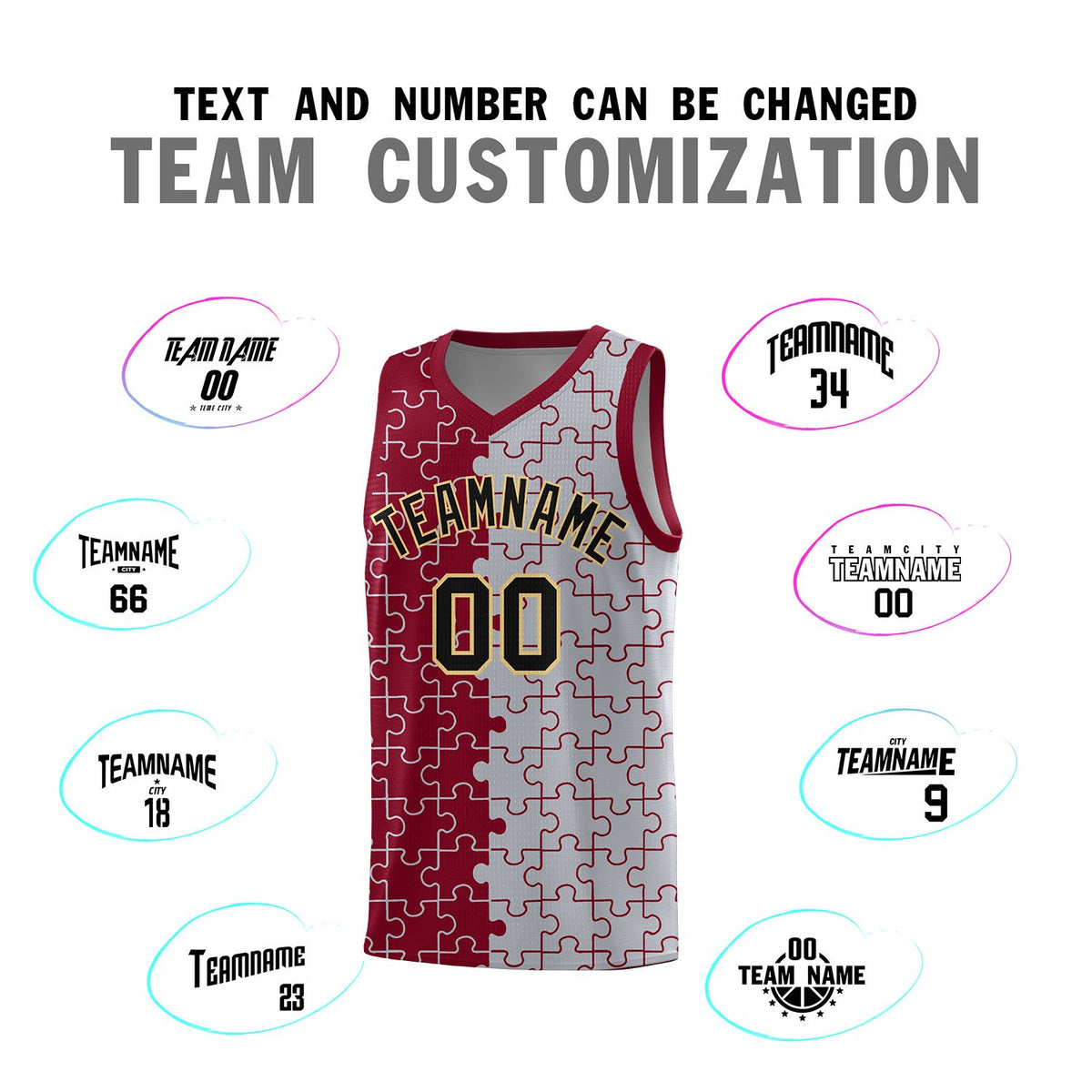 Custom Crimson Gray Splid Basketball Kits With Puzzle Pattern