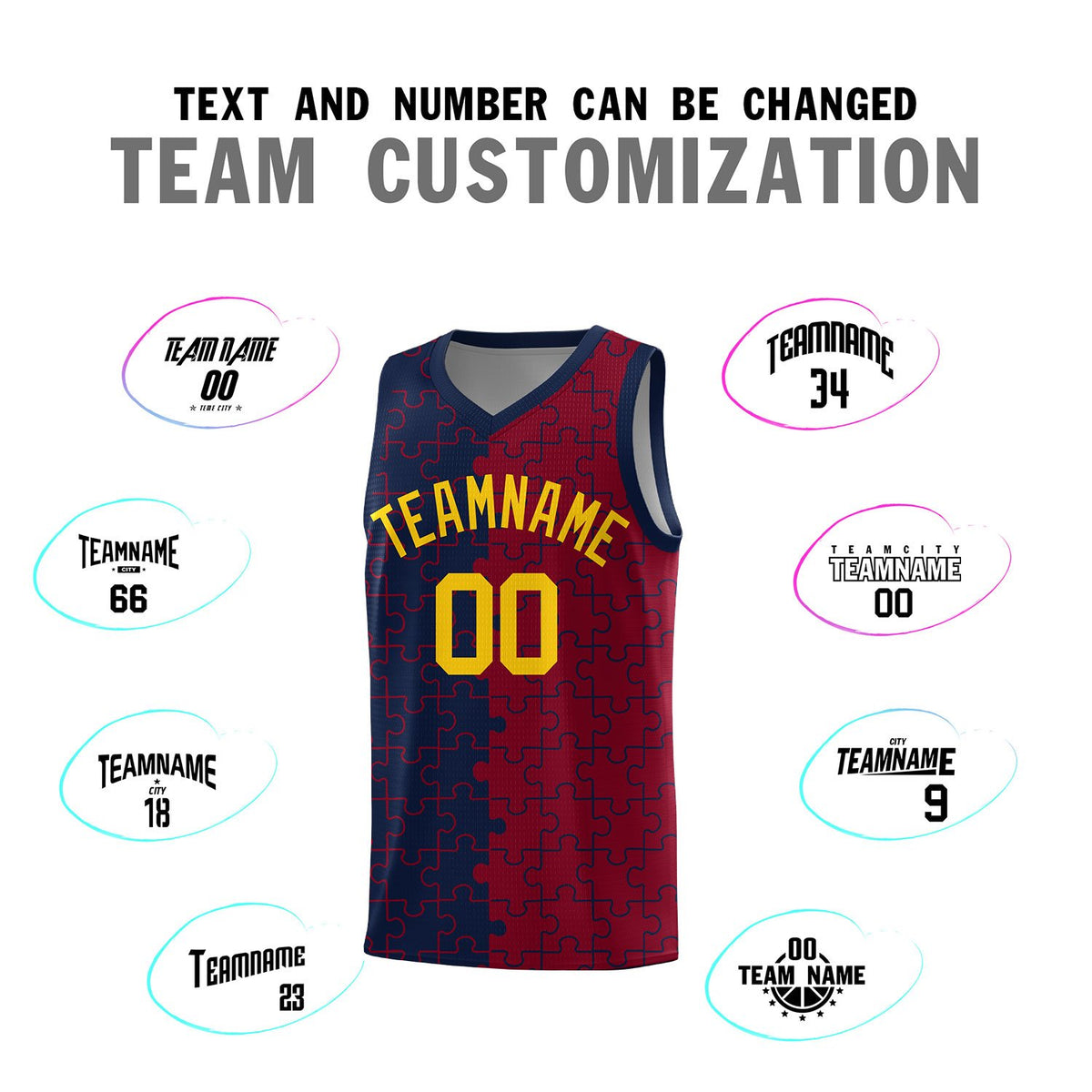 Custom Navy Crimson Splid Basketball Kits With Puzzle Pattern