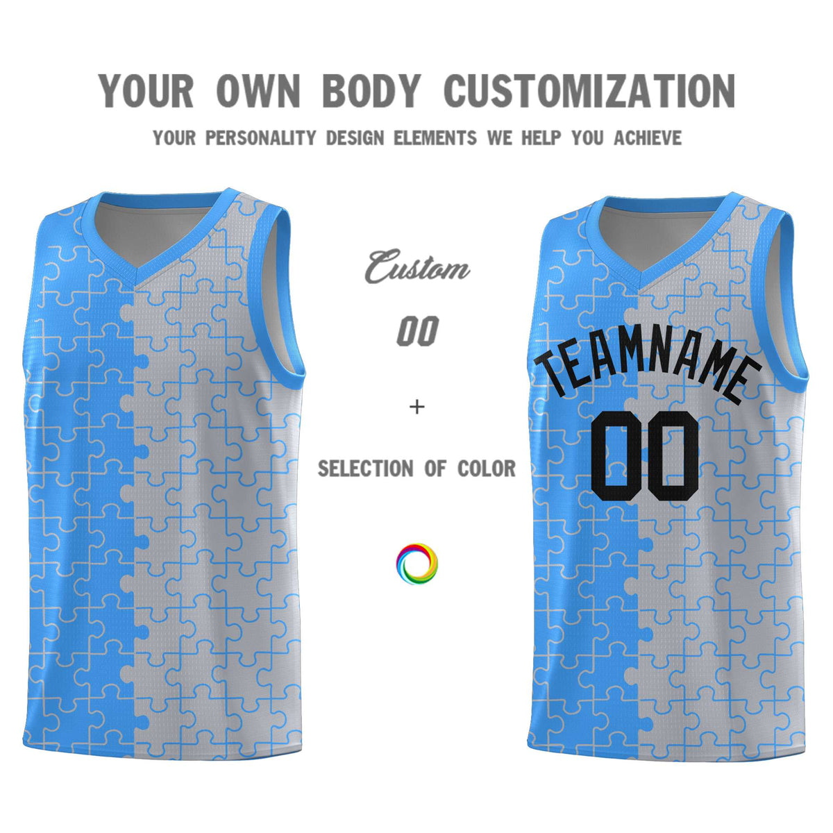 Custom Light Blue Gray Splid Basketball Kits With Puzzle Pattern