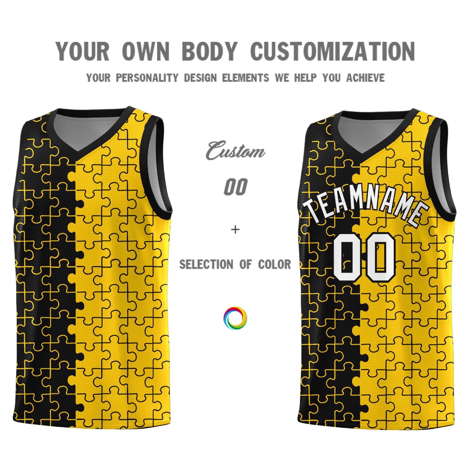 Custom Black Gold Splid Basketball Kits With Puzzle Pattern