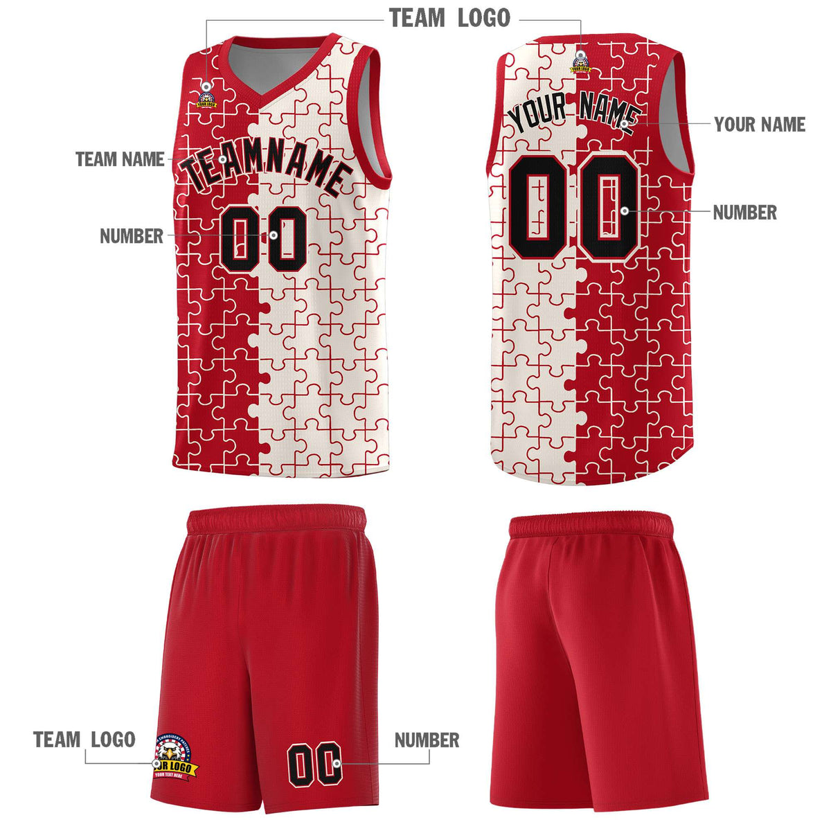 Custom Red Cream Splid Basketball Kits With Puzzle Pattern