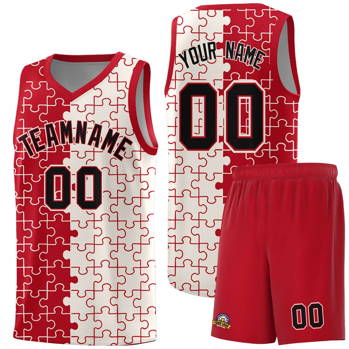 Custom Red Cream Splid Basketball Kits With Puzzle Pattern