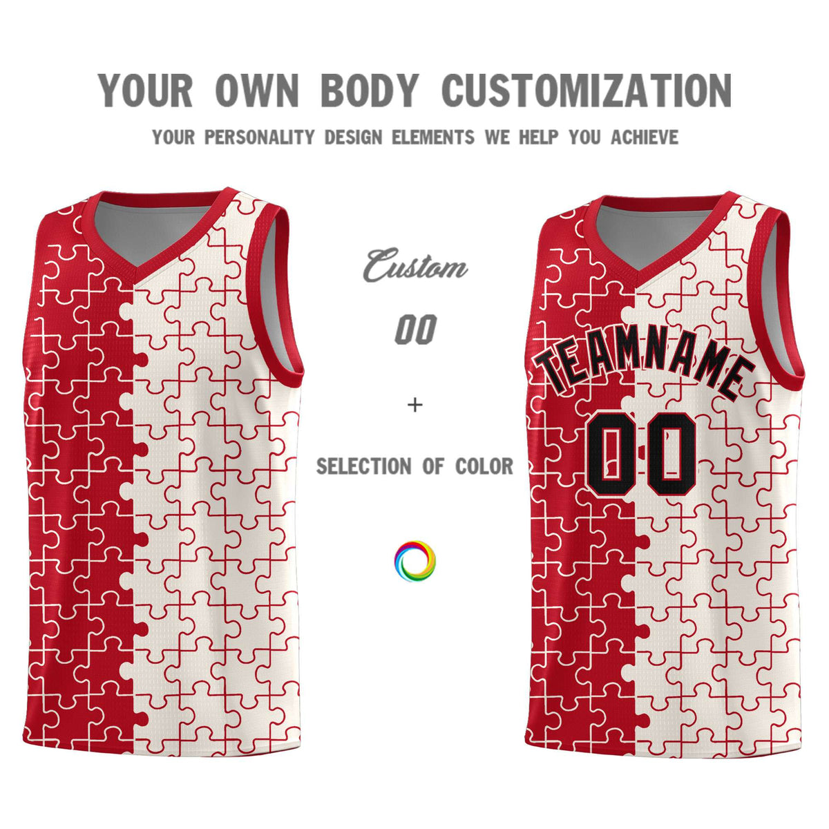 Custom Red Cream Splid Basketball Kits With Puzzle Pattern