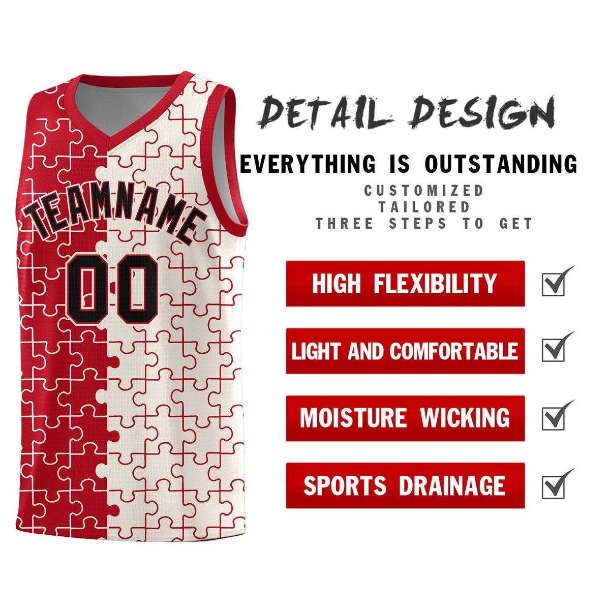 Custom Red Cream Splid Basketball Kits With Puzzle Pattern