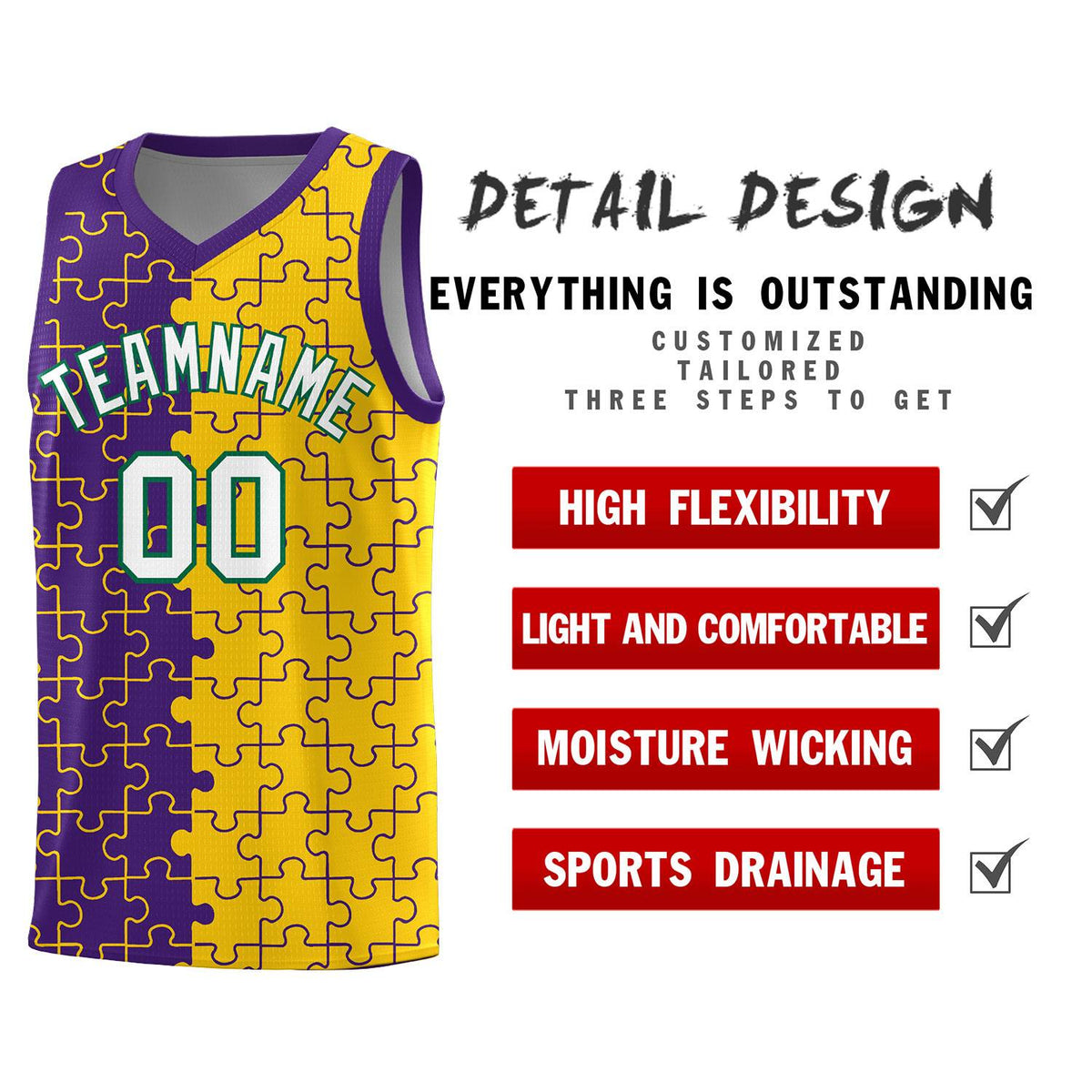Custom Purple Gold Splid Basketball Kits With Puzzle Pattern