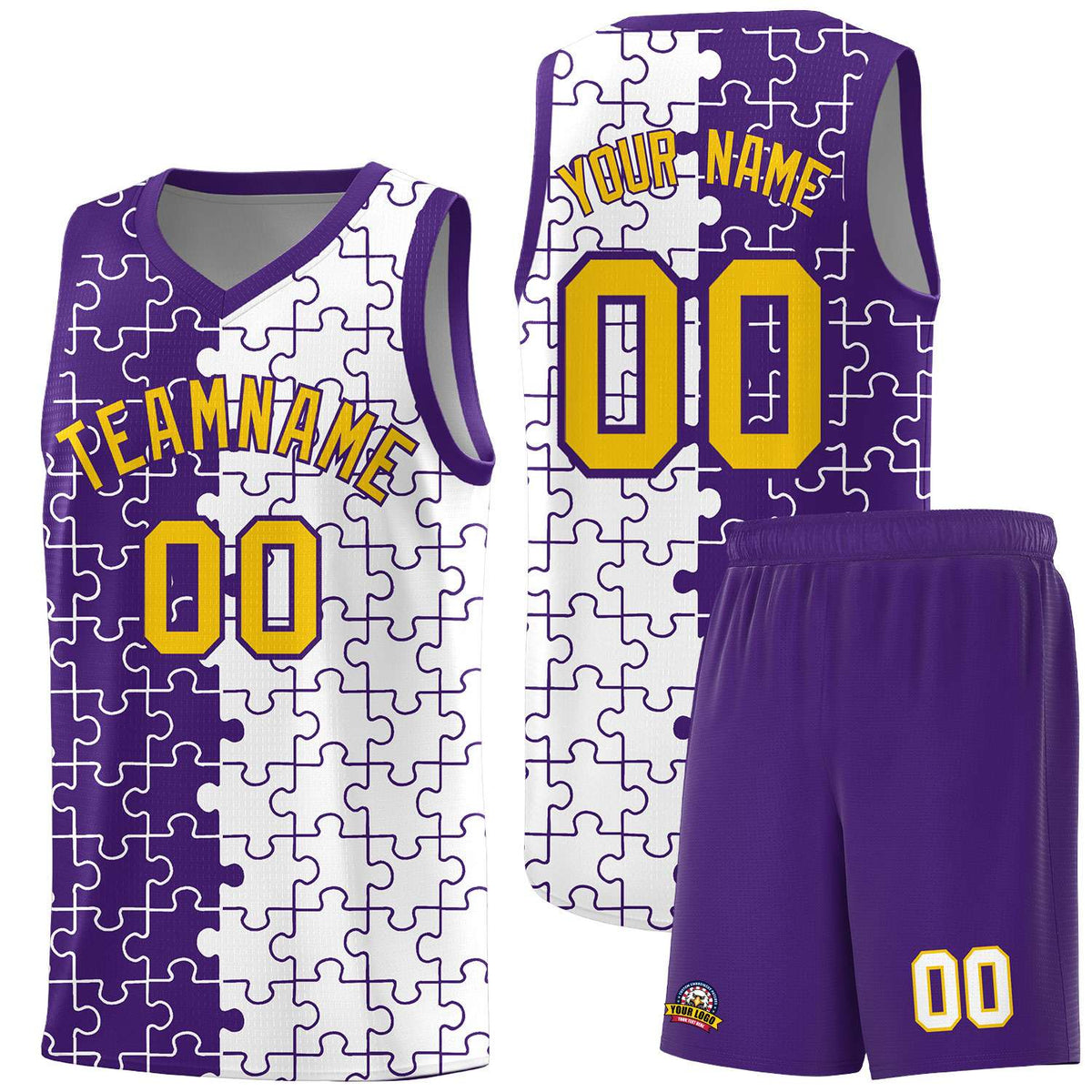 Custom Purple White Splid Basketball Kits With Puzzle Pattern