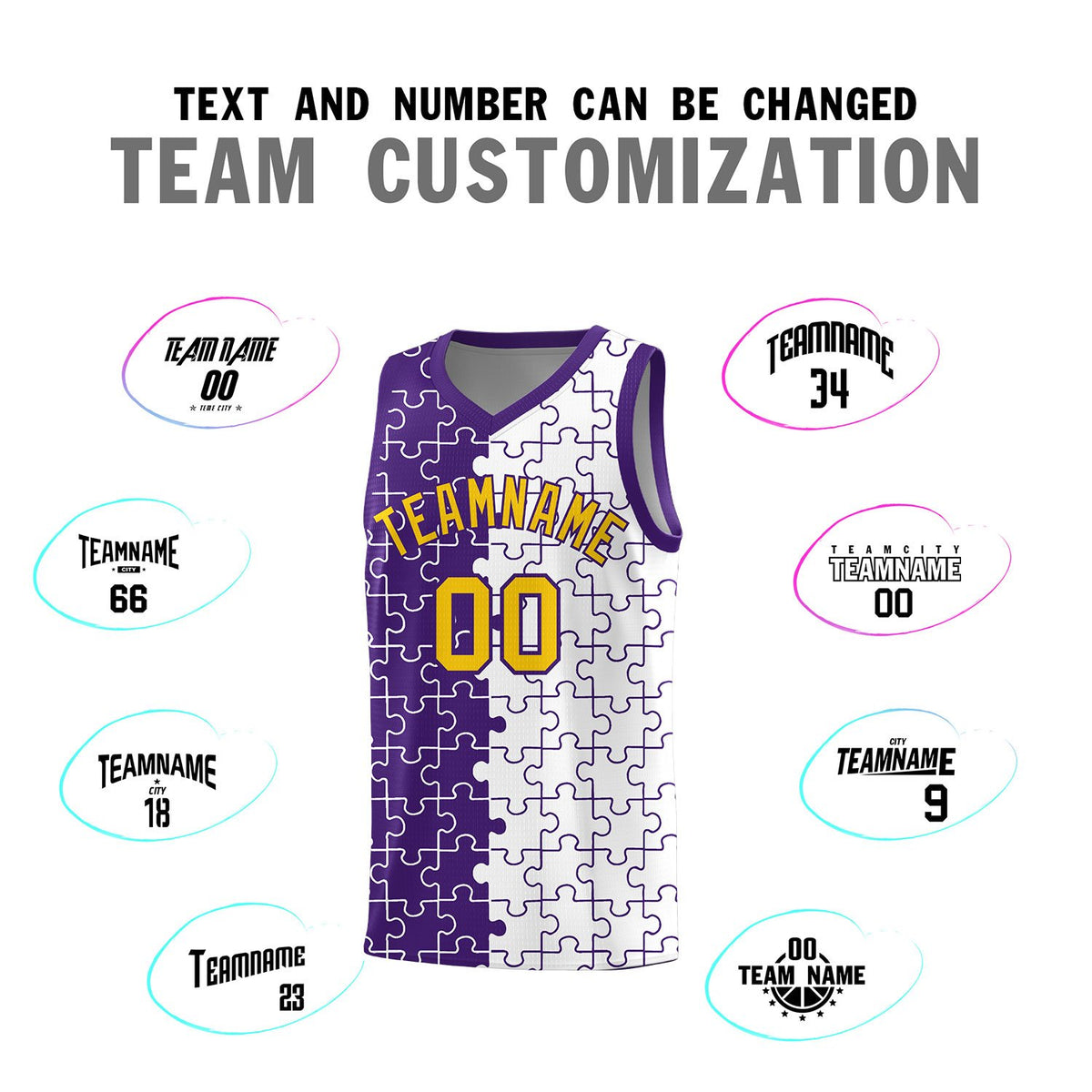 Custom Purple White Splid Basketball Kits With Puzzle Pattern