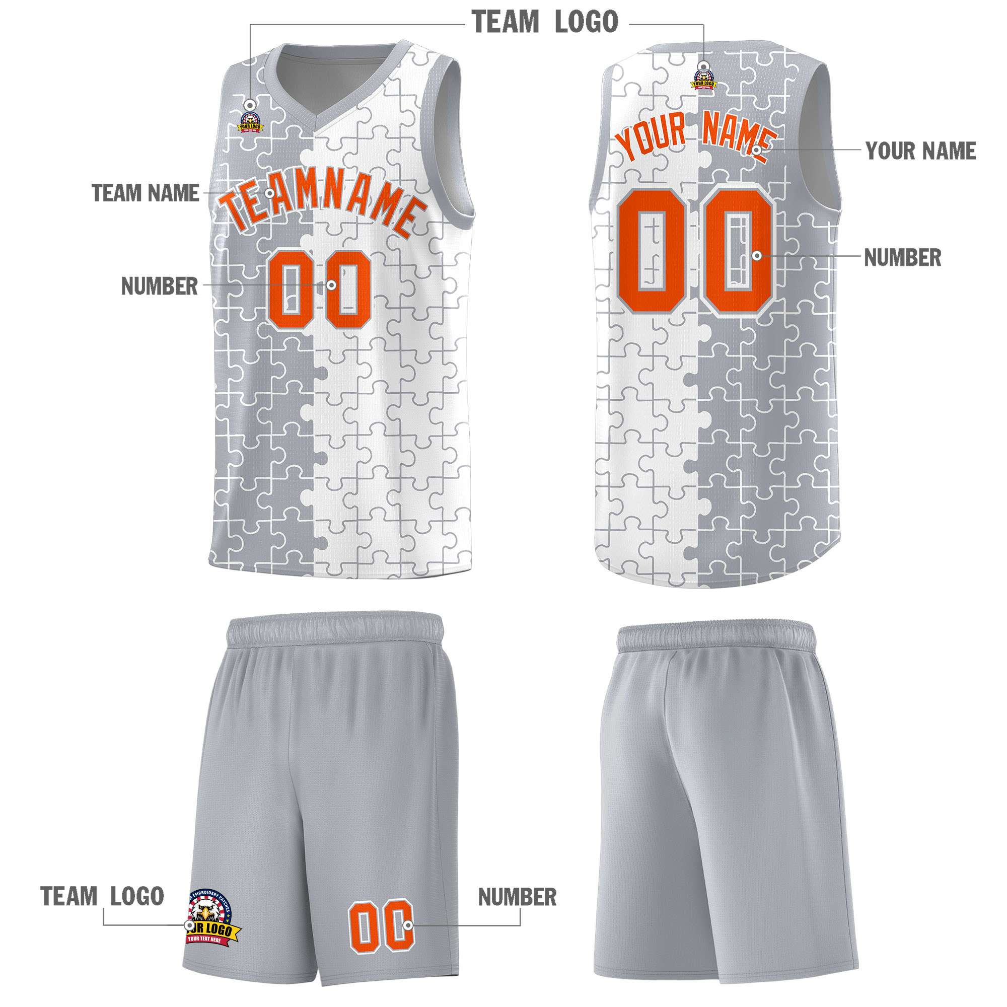 Custom Gray White Splid Basketball Kits With Puzzle Pattern