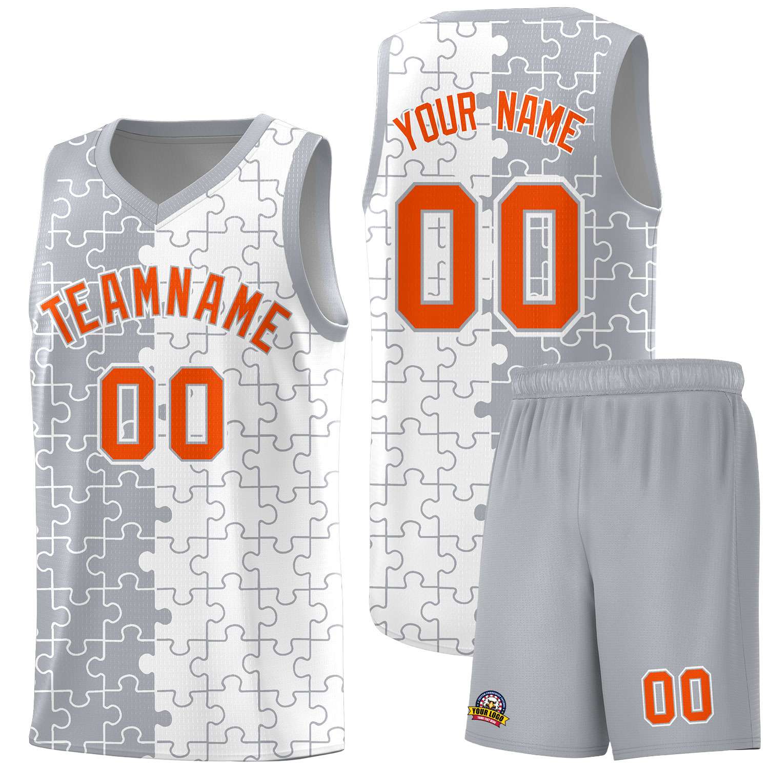 Custom Gray White Splid Basketball Kits With Puzzle Pattern