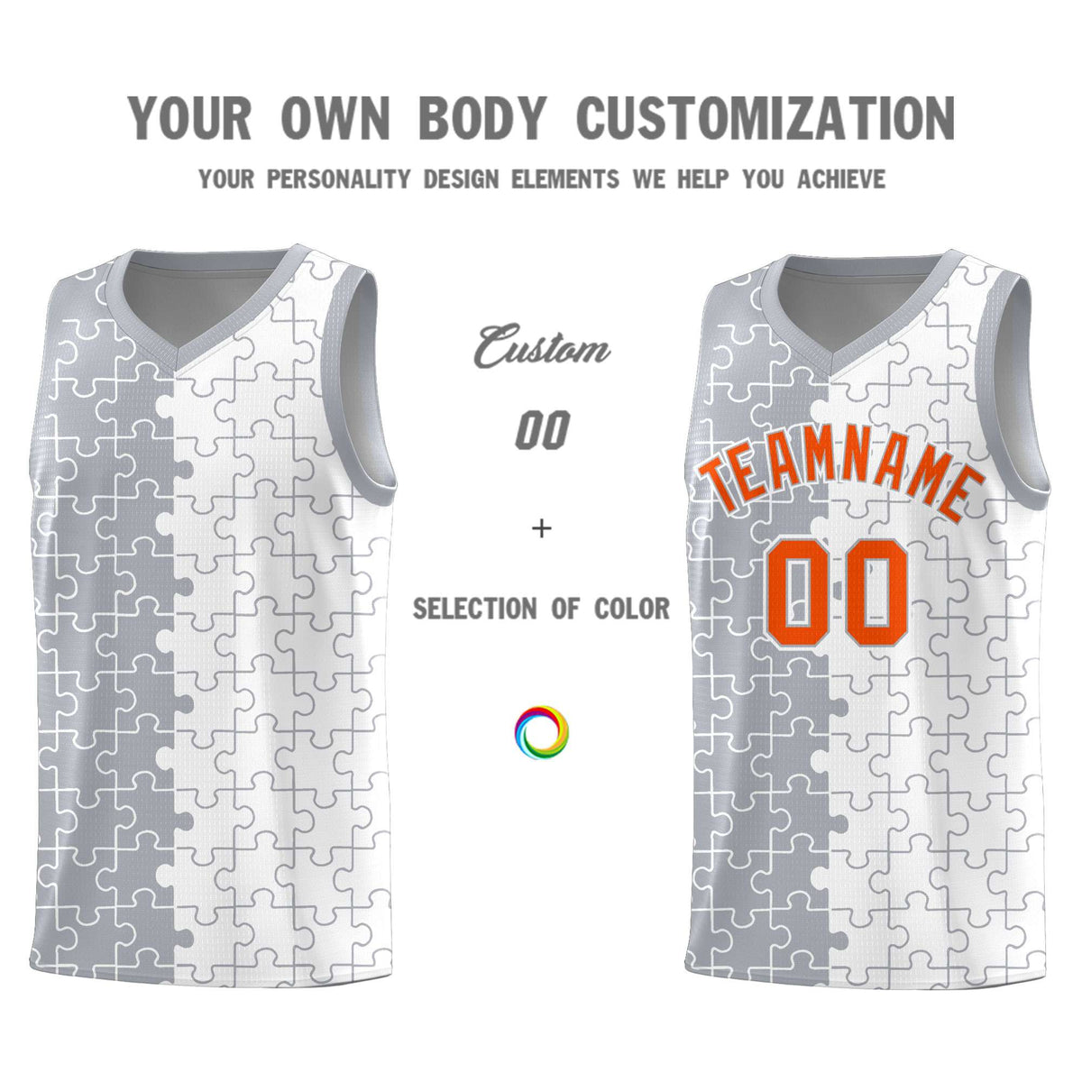 Custom Gray White Splid Basketball Kits With Puzzle Pattern