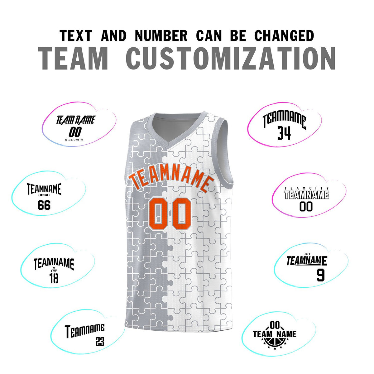Custom Gray White Splid Basketball Kits With Puzzle Pattern