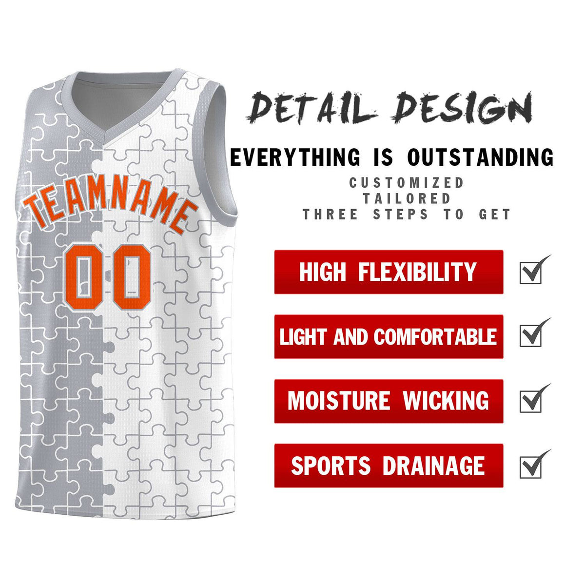 Custom Gray White Splid Basketball Kits With Puzzle Pattern