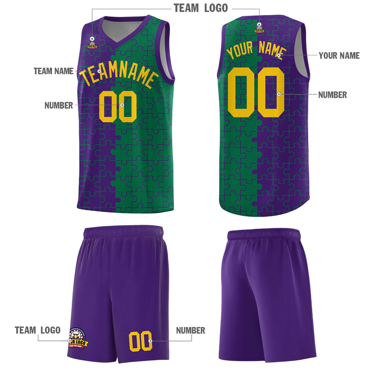 Custom Purple Kelly Green Splid Basketball Kits With Puzzle Pattern