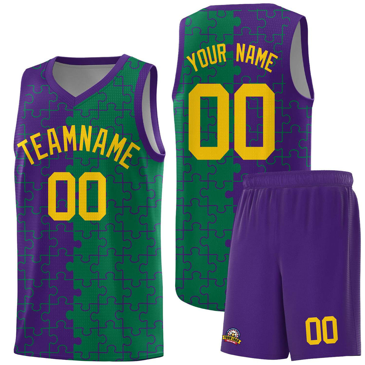 Custom Purple Kelly Green Splid Basketball Kits With Puzzle Pattern