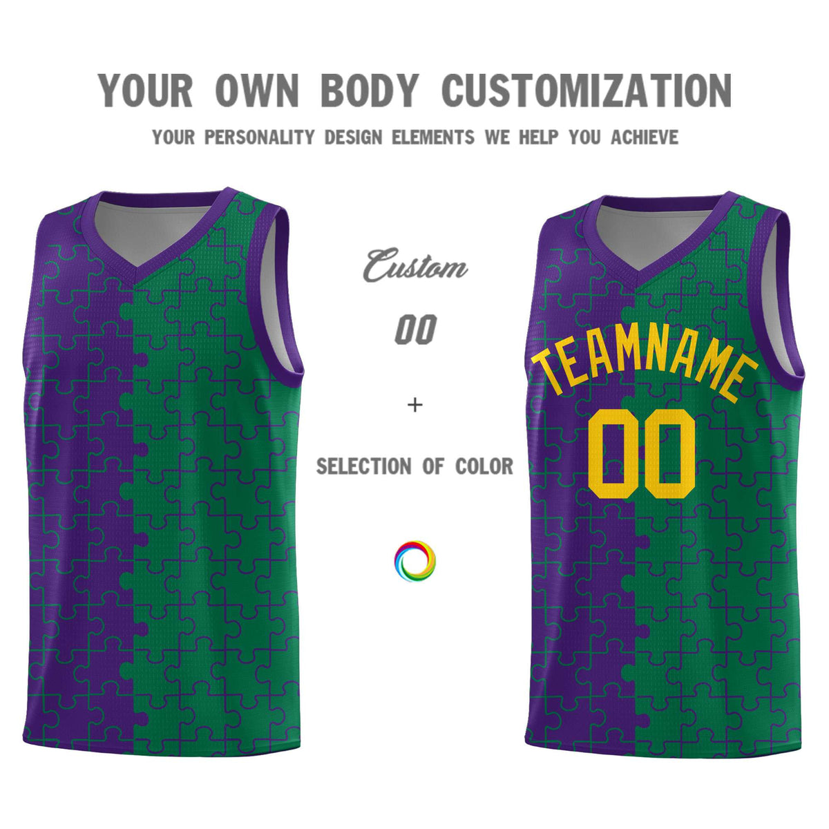 Custom Purple Kelly Green Splid Basketball Kits With Puzzle Pattern