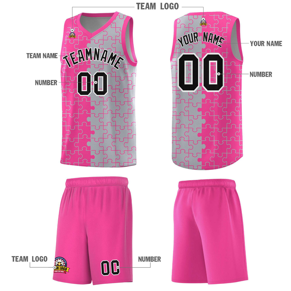 Custom Pink Gray Splid Basketball Kits With Puzzle Pattern