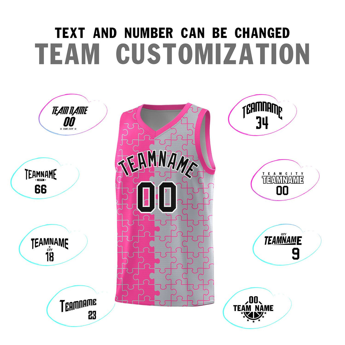 Custom Pink Gray Splid Basketball Kits With Puzzle Pattern