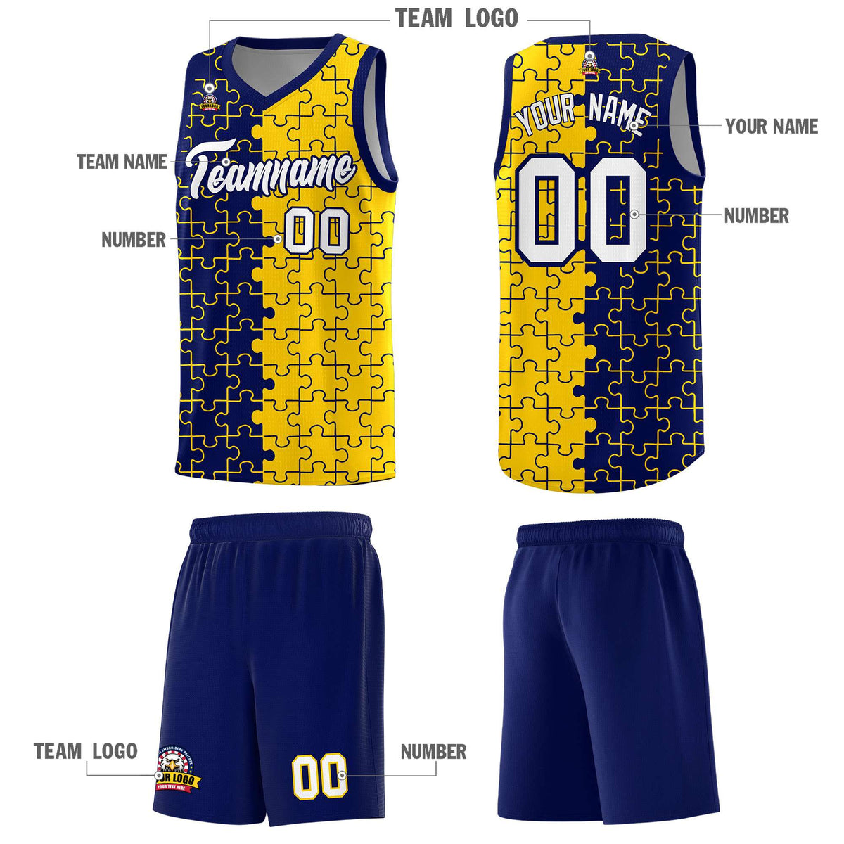 Custom Navy Gold Splid Basketball Kits With Puzzle Pattern