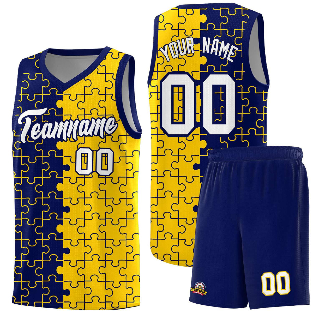 Custom Navy Gold Splid Basketball Kits With Puzzle Pattern