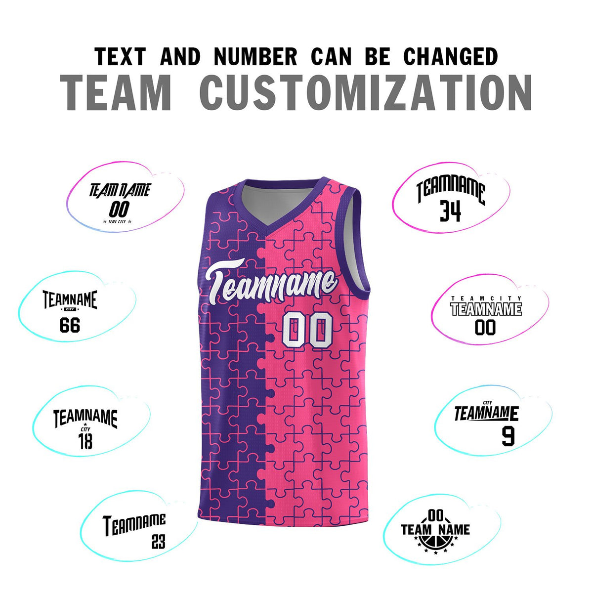 Custom Purple Pink Splid Basketball Kits With Puzzle Pattern
