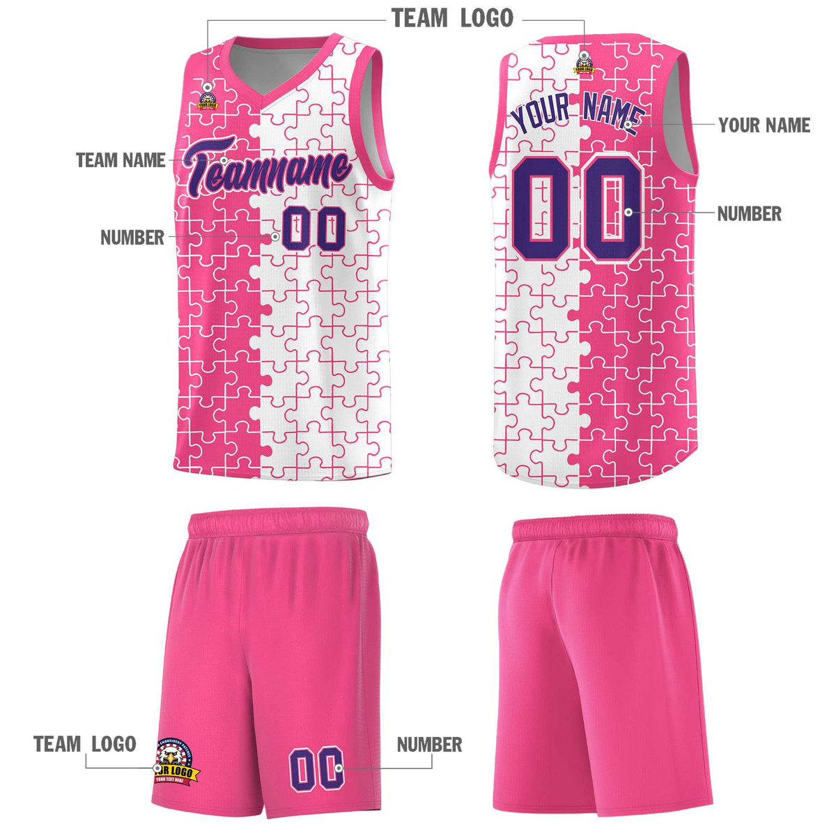 Custom Pink White Splid Basketball Kits With Puzzle Pattern