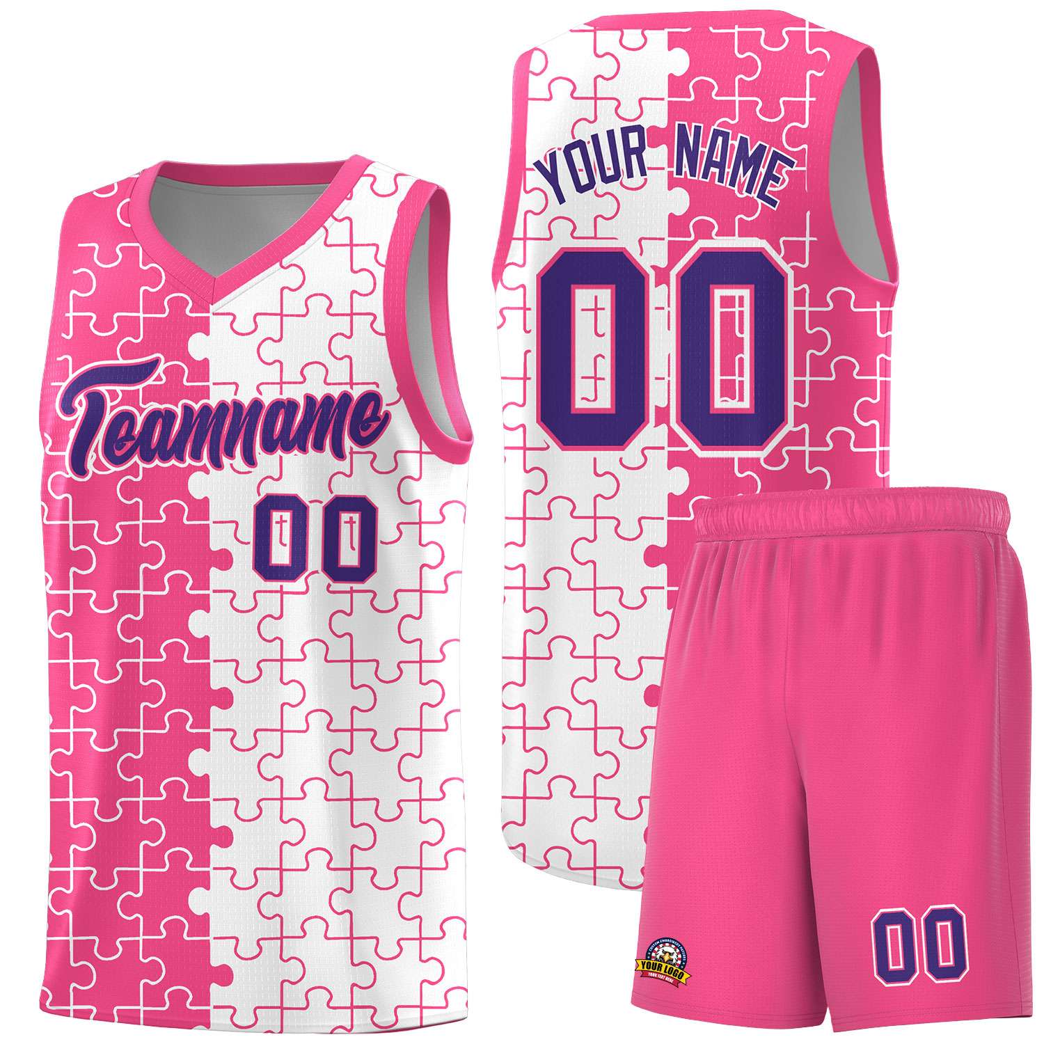 Custom Pink White Splid Basketball Kits With Puzzle Pattern