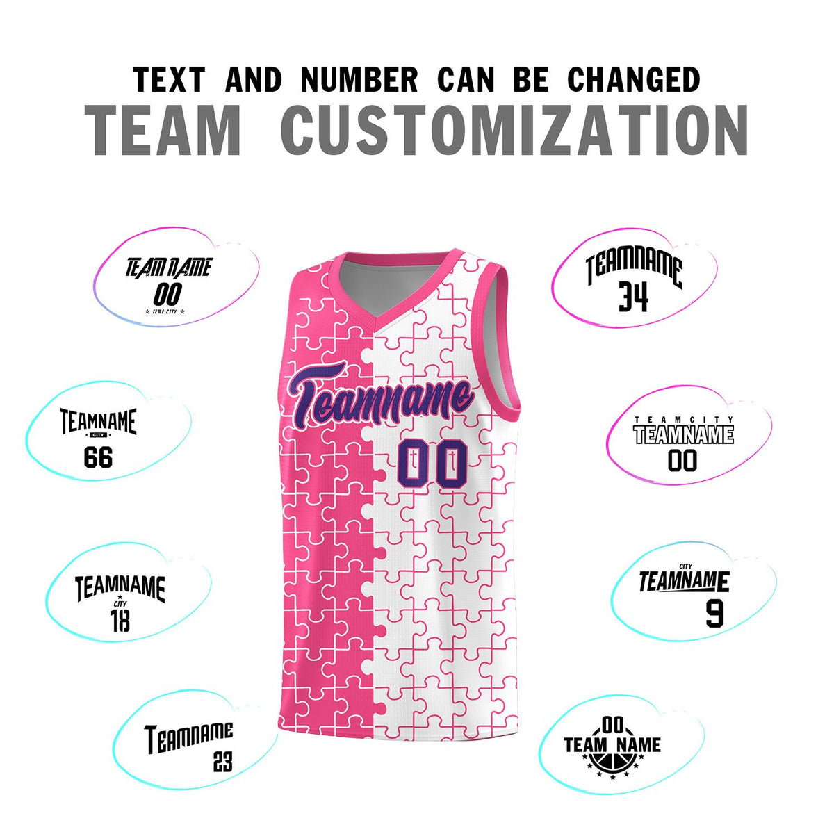 Custom Pink White Splid Basketball Kits With Puzzle Pattern
