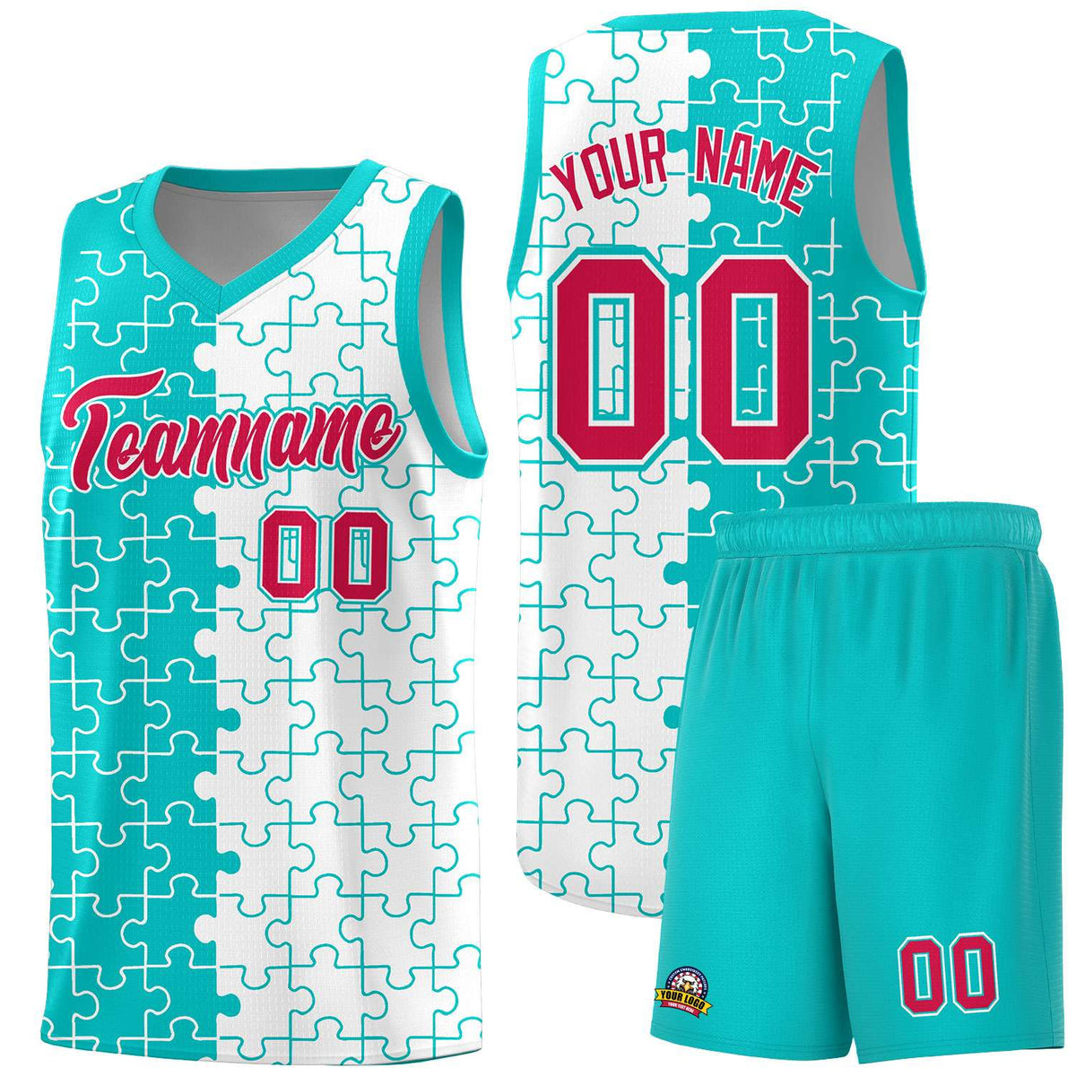 Custom Aqua White Splid Basketball Kits With Puzzle Pattern