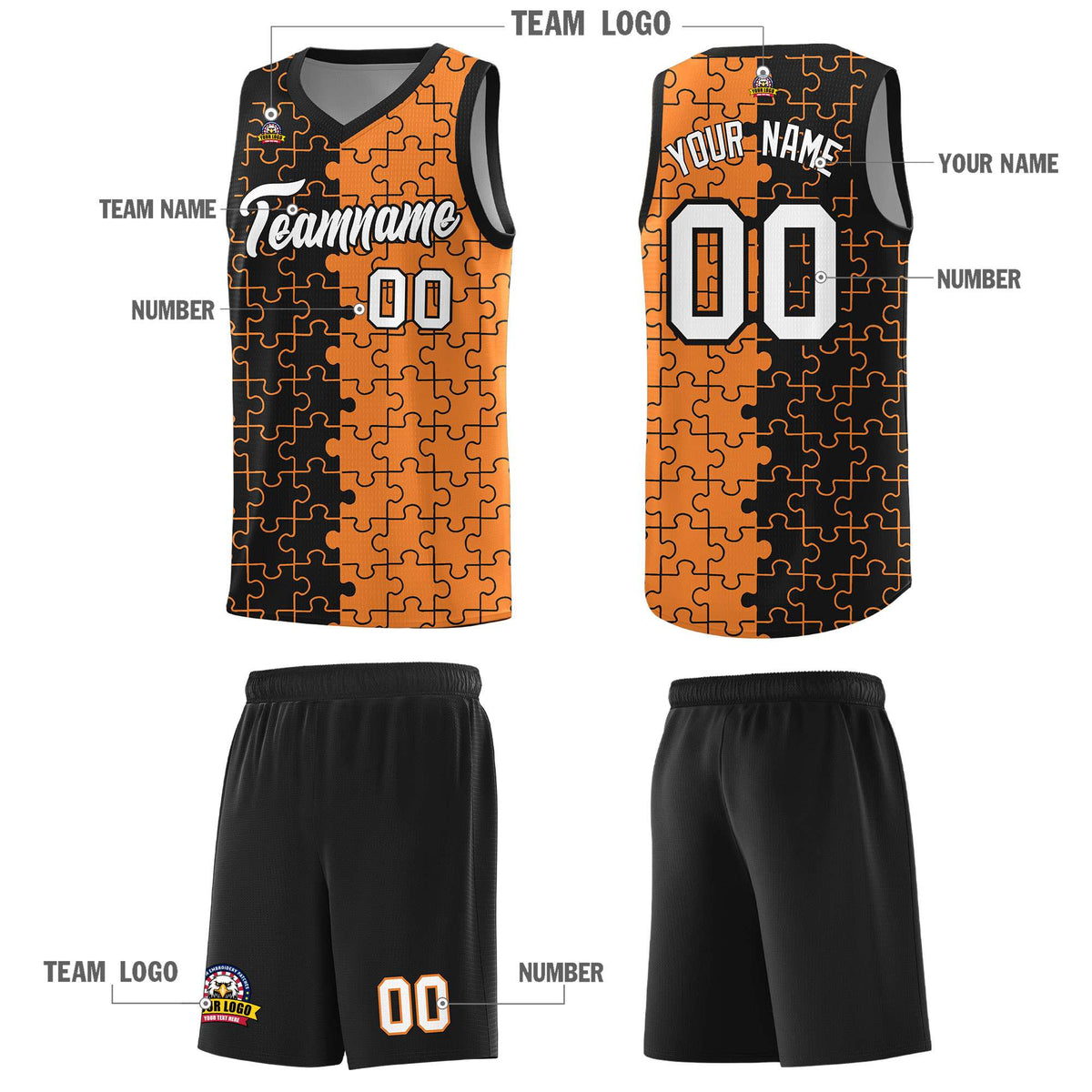 Custom Black Gold Orange Splid Basketball Kits With Puzzle Pattern