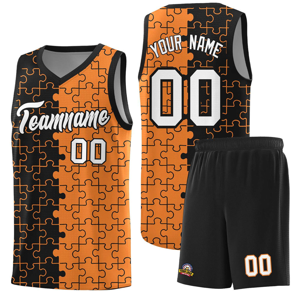 Custom Black Gold Orange Splid Basketball Kits With Puzzle Pattern