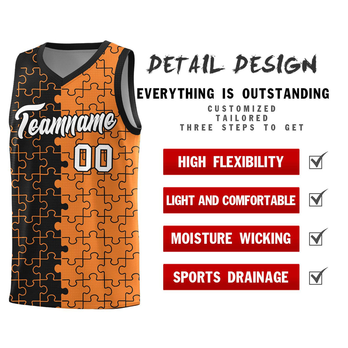 Custom Black Gold Orange Splid Basketball Kits With Puzzle Pattern
