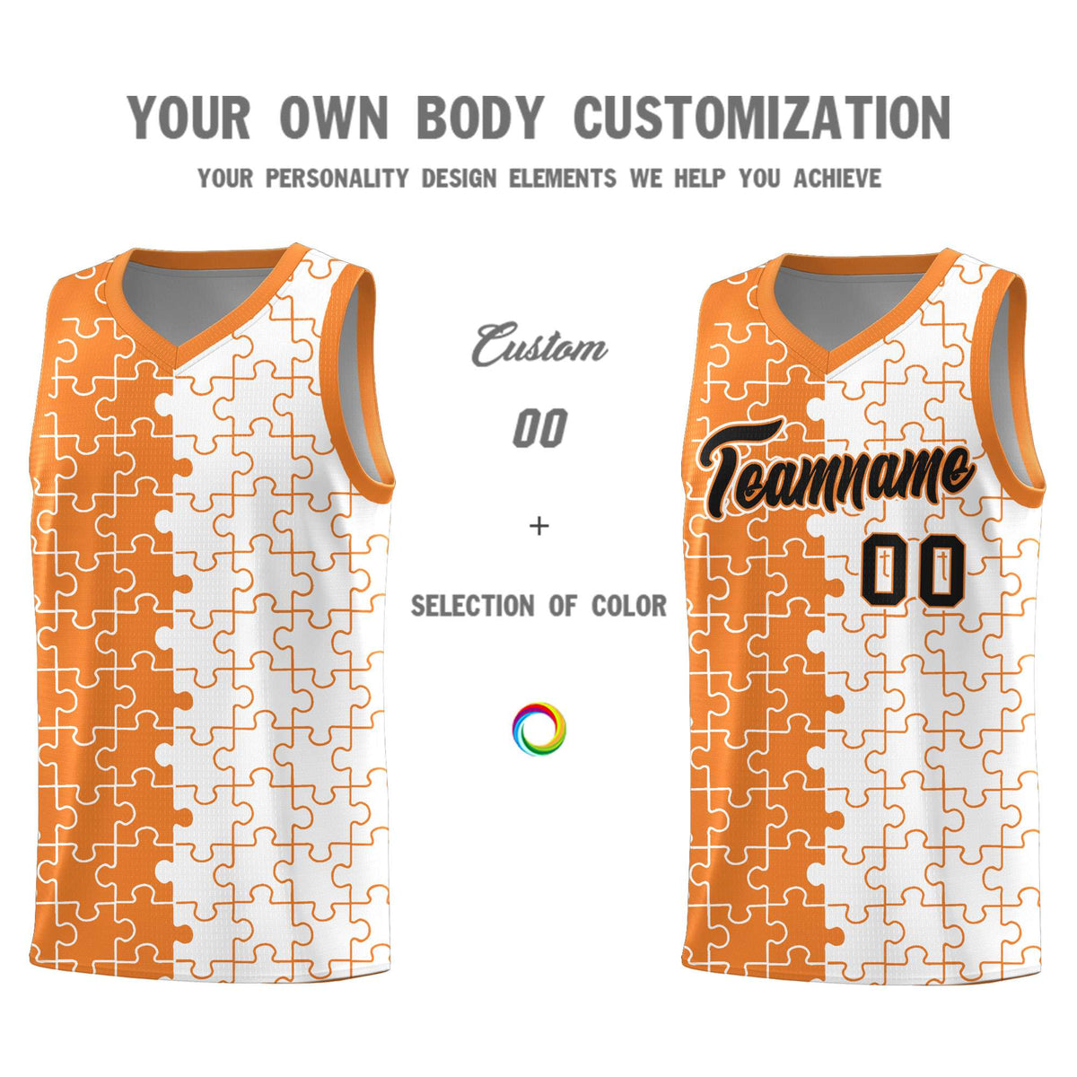 Custom Gold Orange White Splid Basketball Kits With Puzzle Pattern