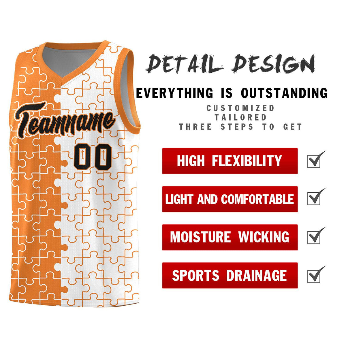 Custom Gold Orange White Splid Basketball Kits With Puzzle Pattern