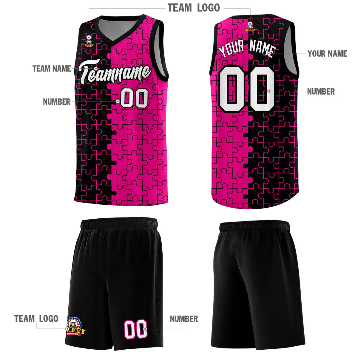 Custom Black Rose Red Splid Basketball Kits With Puzzle Pattern