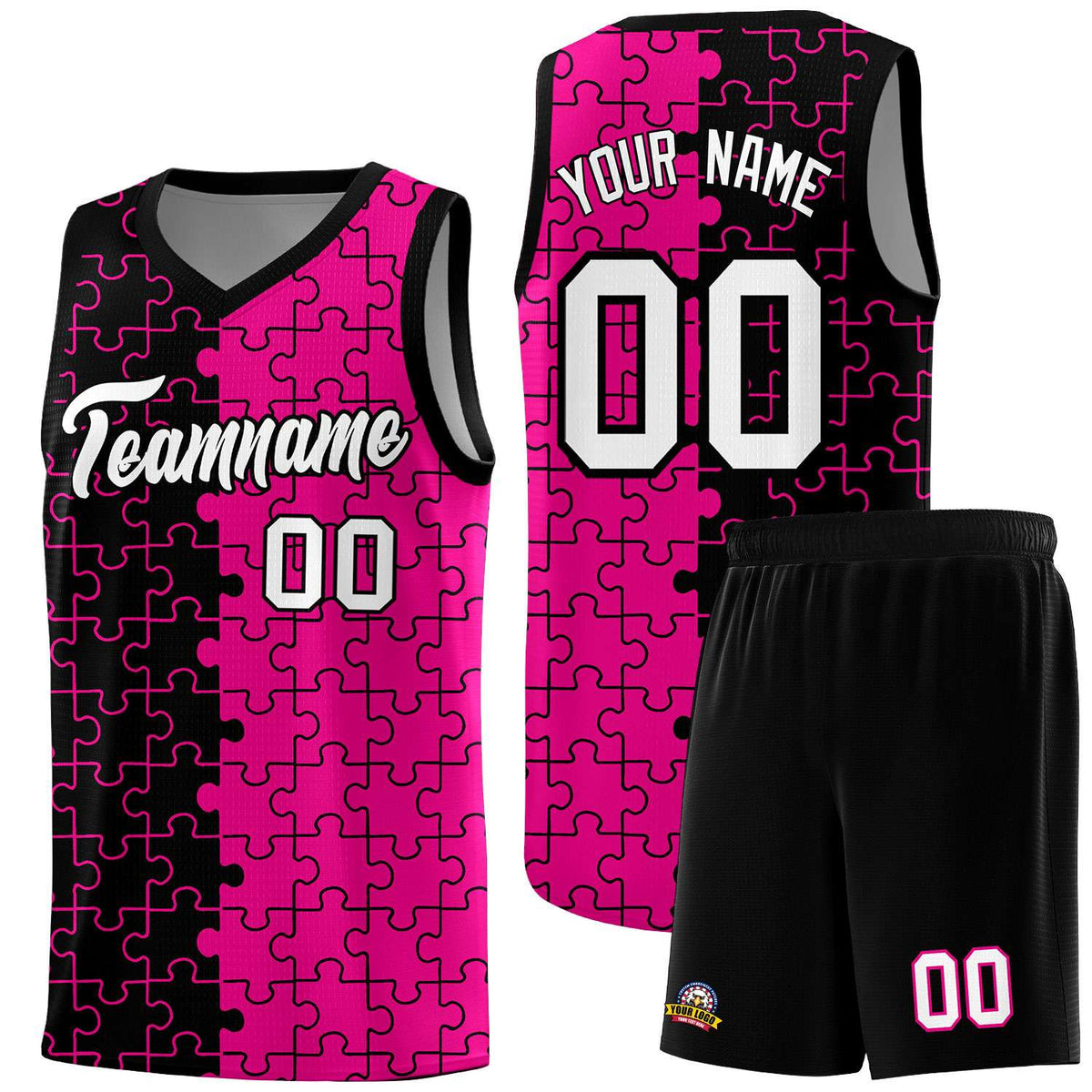 Custom Black Rose Red Splid Basketball Kits With Puzzle Pattern