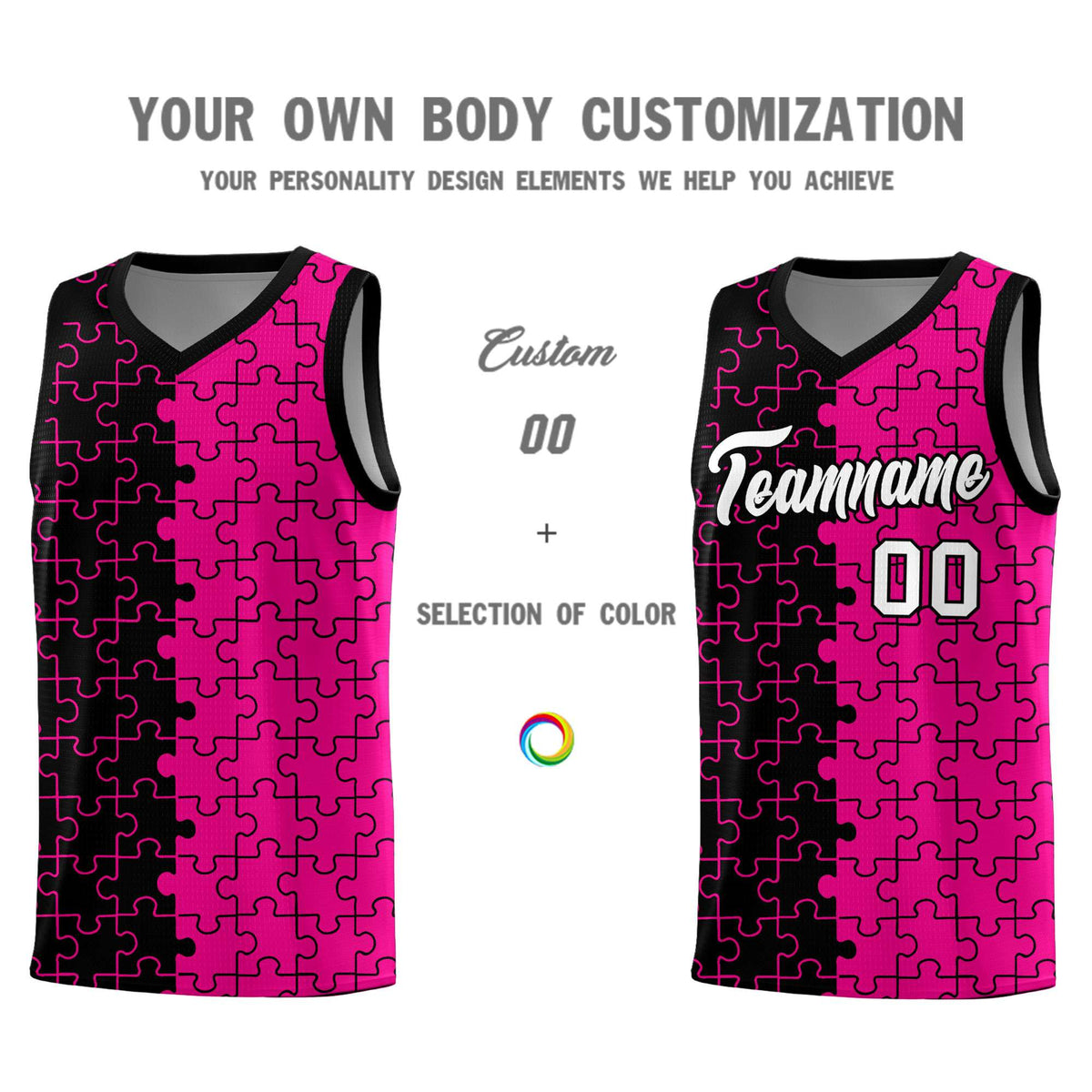 Custom Black Rose Red Splid Basketball Kits With Puzzle Pattern