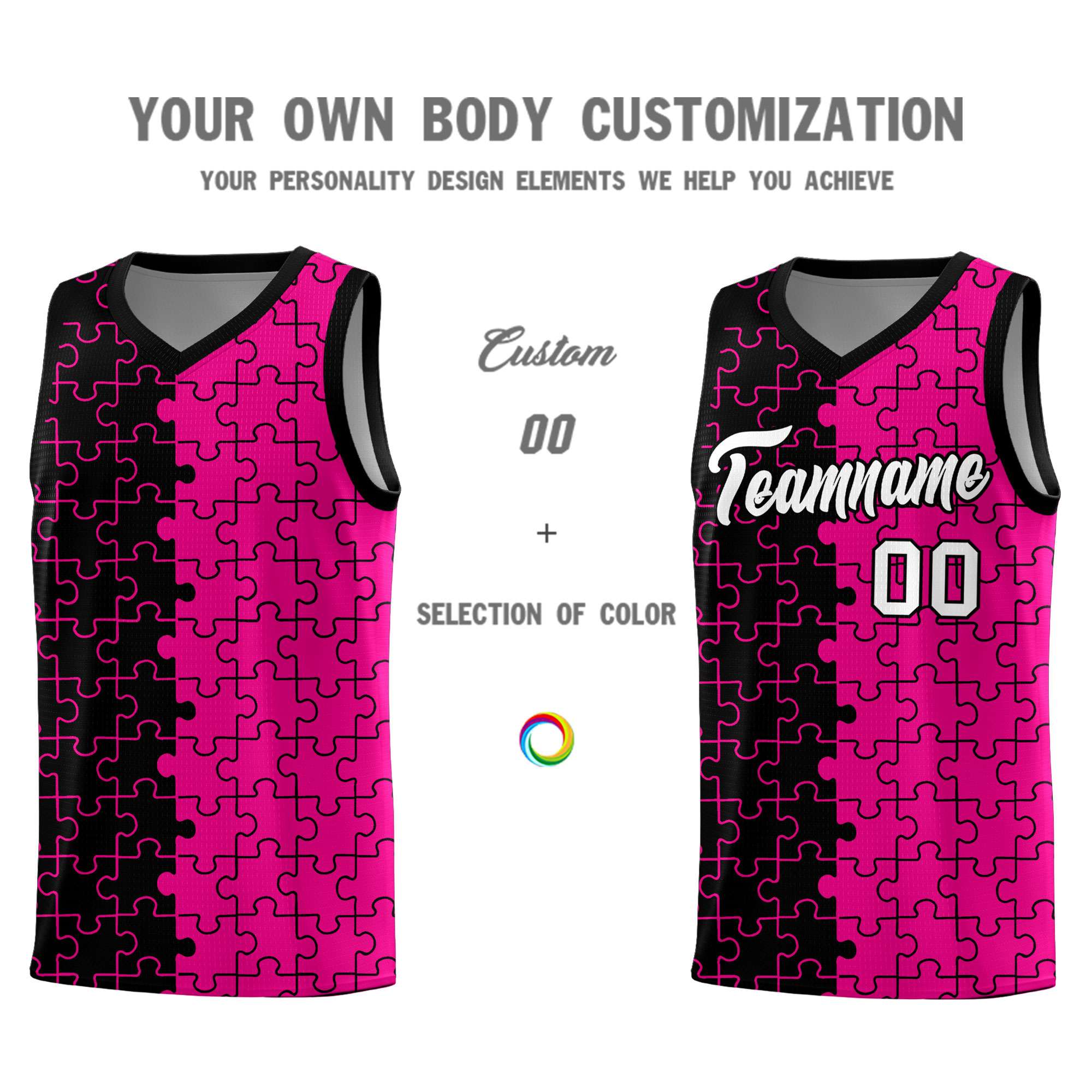 Custom Black Rose Red Splid Basketball Kits With Puzzle Pattern