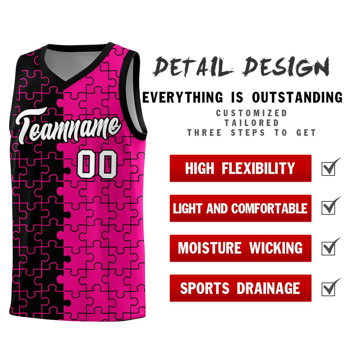 Custom Black Rose Red Splid Basketball Kits With Puzzle Pattern