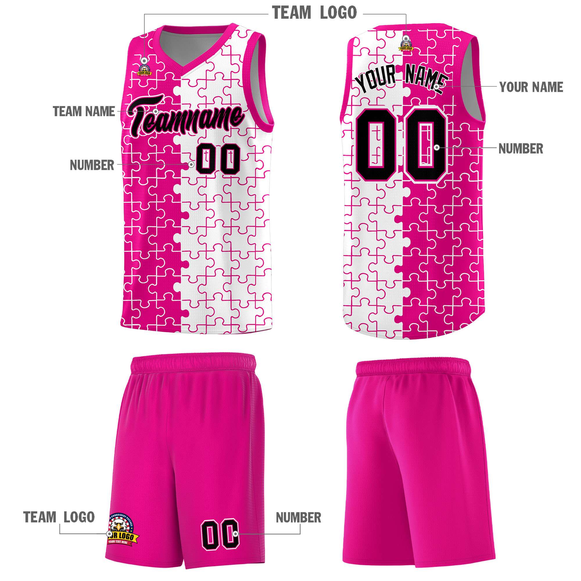 Custom Rose Red White Splid Basketball Kits With Puzzle Pattern
