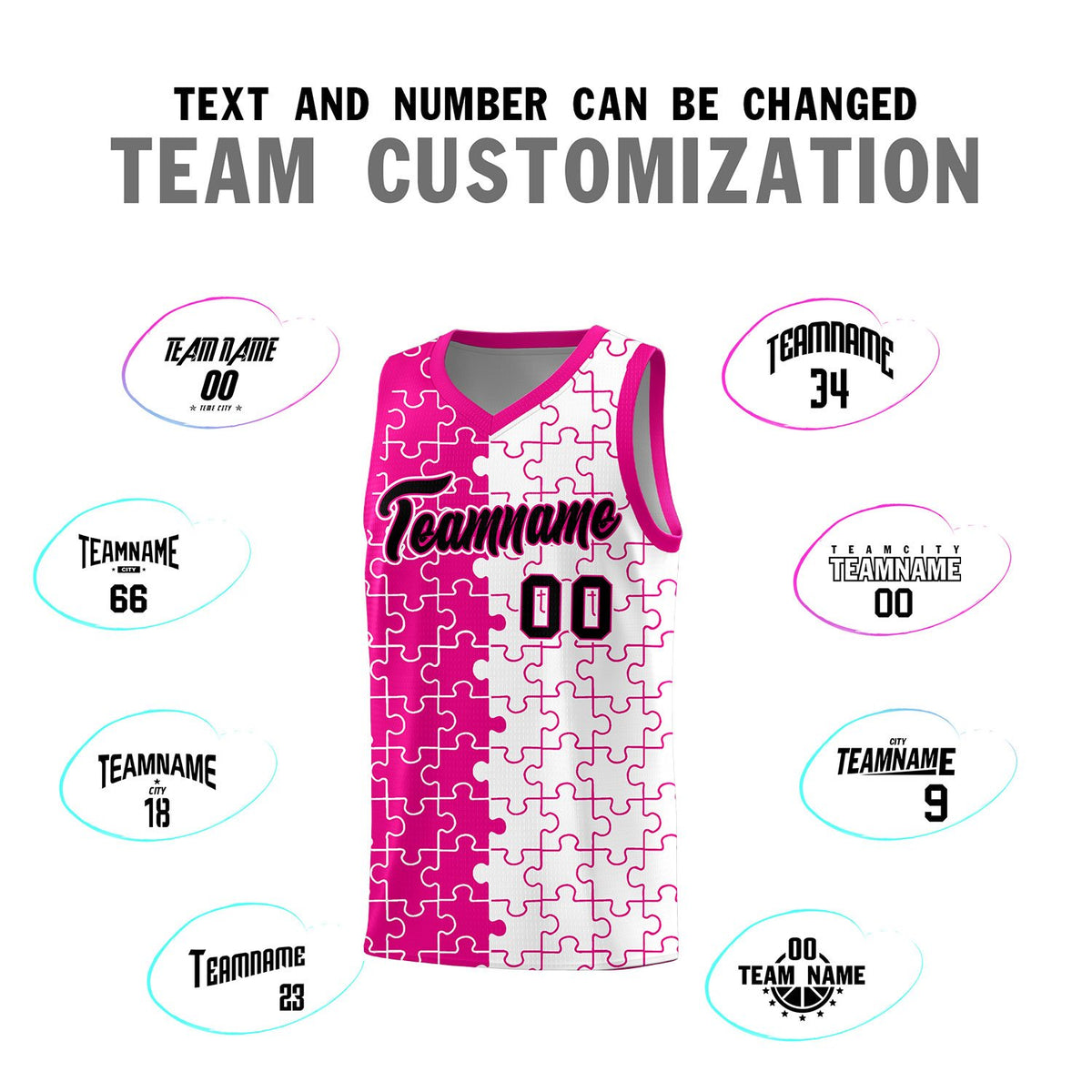 Custom Rose Red White Splid Basketball Kits With Puzzle Pattern