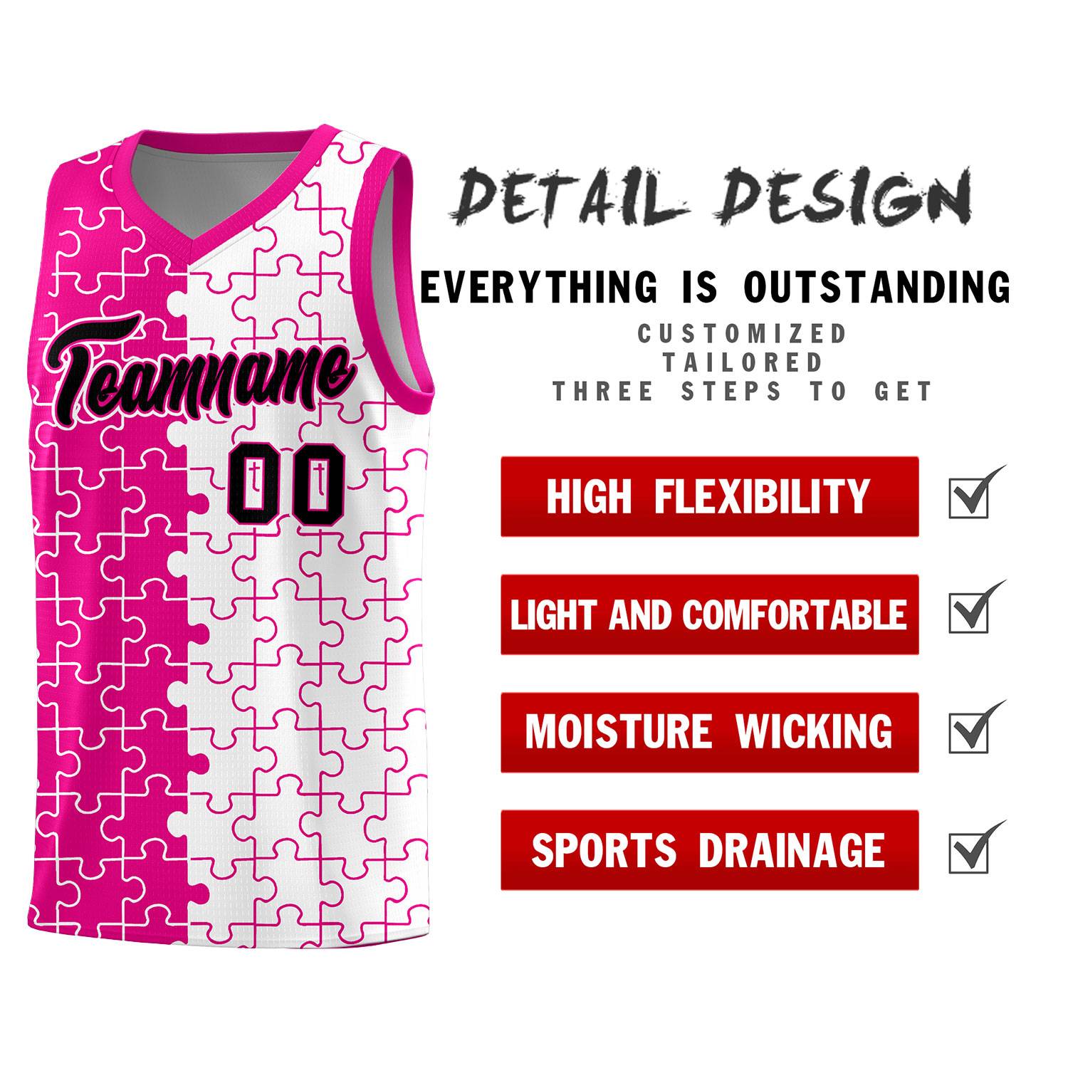 Custom Rose Red White Splid Basketball Kits With Puzzle Pattern