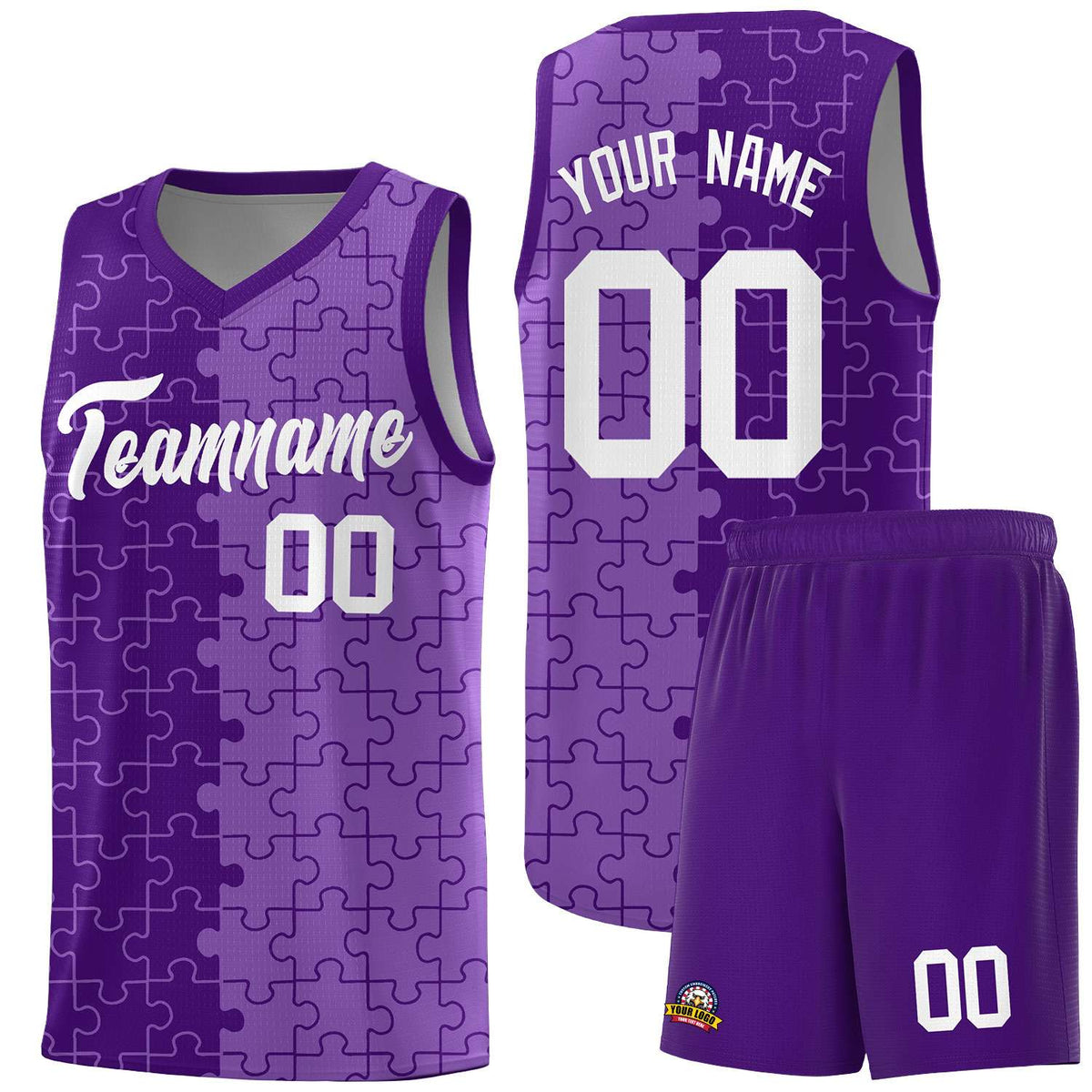 Custom Purple Light Purple Splid Basketball Kits With Puzzle Pattern