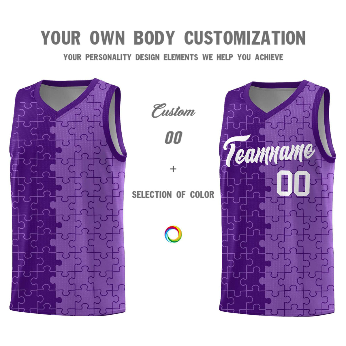 Custom Purple Light Purple Splid Basketball Kits With Puzzle Pattern