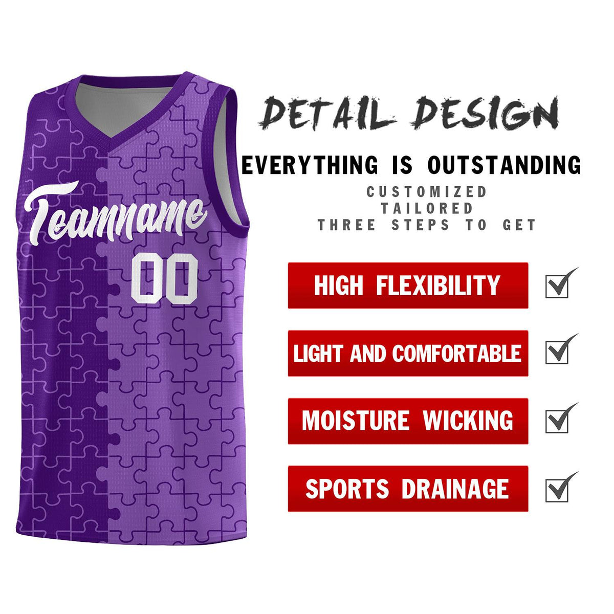 Custom Purple Light Purple Splid Basketball Kits With Puzzle Pattern