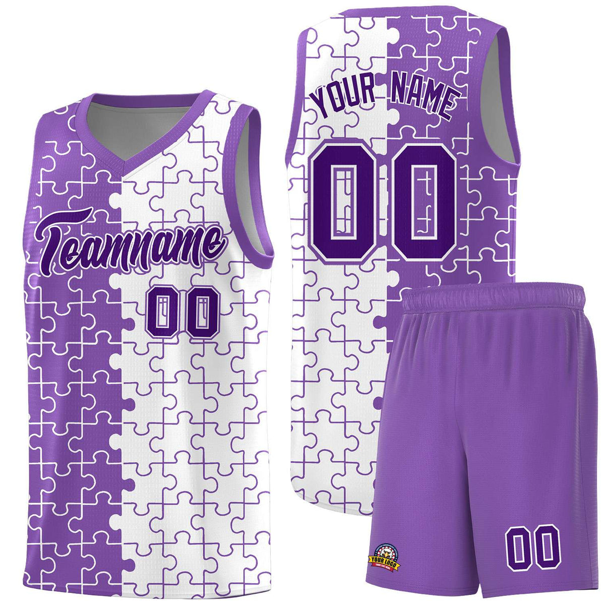 Custom Light Purple White Splid Basketball Kits With Puzzle Pattern