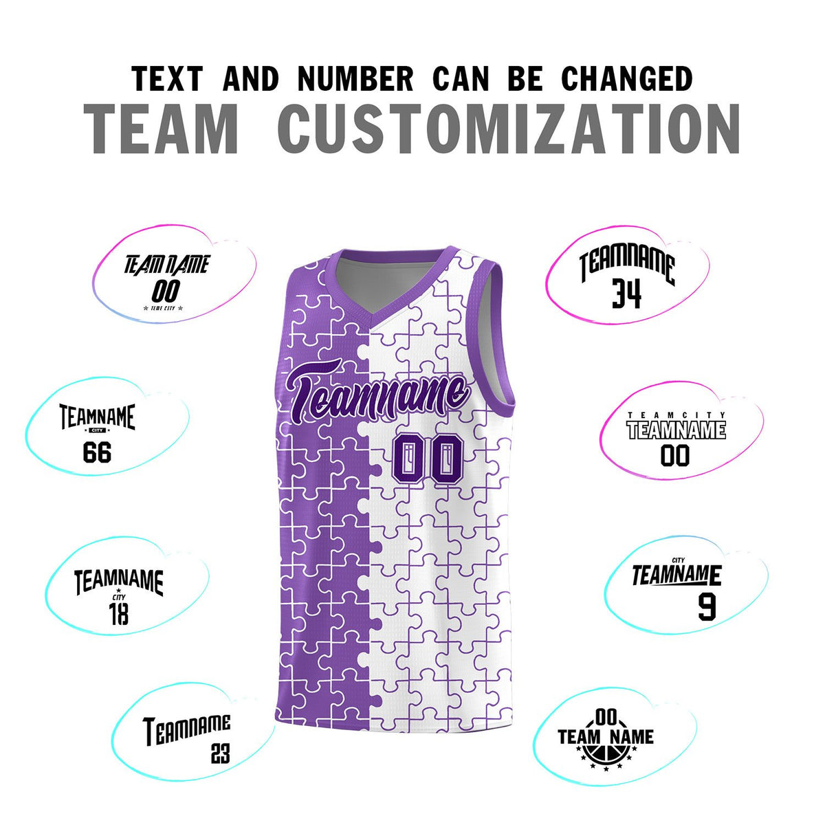 Custom Light Purple White Splid Basketball Kits With Puzzle Pattern